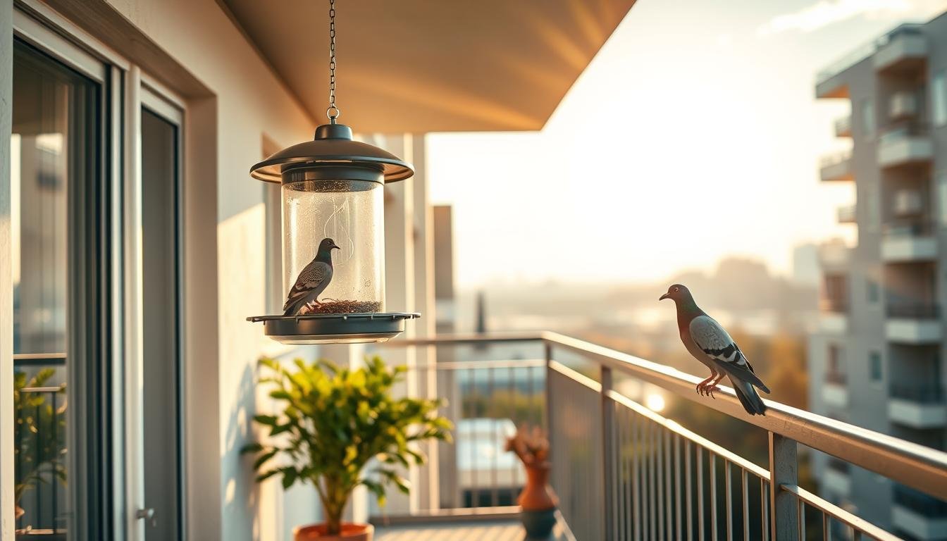 A tranquil residential balcony, bathed in warm afternoon sunlight. In the foreground, a cleverly designed, modern-looking bird feeder hangs, inviting local pigeons to partake in a nutritious, cruelty-free meal. The middle ground features a potted plant and a small wind chime, creating a serene, nature-inspired ambiance. In the background, the clean lines of the building's architecture and the distant cityscape suggest an urban, yet harmonious setting. The overall mood is one of peaceful coexistence, where human and avian neighbors find a mutually beneficial way to share their living space.