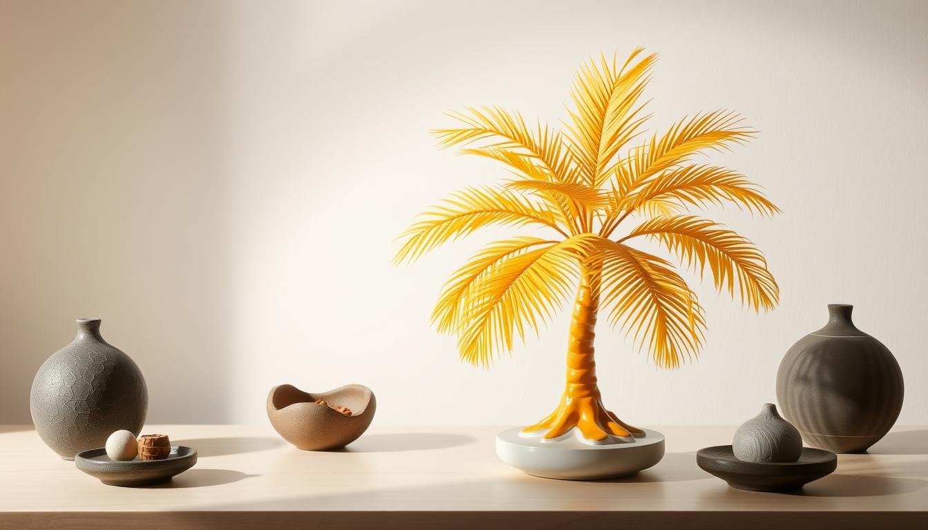 A tranquil scene depicting the five elements of traditional Chinese philosophy - wood, fire, earth, metal, and water - symbolically arranged in a harmonious feng shui layout. The composition features an elegant, hand-crafted ceramic sculpture of a golden yellow coconut palm tree, its fronds casting dynamic shadows across the minimalist tabletop. Surrounding the central focal point are subtly textured, monochromatic shapes and forms representing the five elemental energies, arranged in a balanced, symmetrical pattern. Soft, diffused lighting gently illuminates the scene, creating a sense of contemplative serenity. The overall aesthetic evokes the harmonious integration of natural forces and their influence on personal well-being and domestic tranquility. A tranquil scene depicting the five elements of traditional Chinese philosophy - wood, fire, earth, metal, and water - symbolically arranged in a harmonious feng shui layout. The composition features an elegant, hand-crafted ceramic sculpture of a golden yellow coconut palm tree, its fronds casting dynamic shadows across the minimalist tabletop. Surrounding the central focal point are subtly textured, monochromatic shapes and forms representing the five elemental energies, arranged in a balanced, symmetrical pattern. Soft, diffused lighting gently illuminates the scene, creating a sense of contemplative serenity. The overall aesthetic evokes the harmonious integration of natural forces and their influence on personal well-being and domestic tranquility.