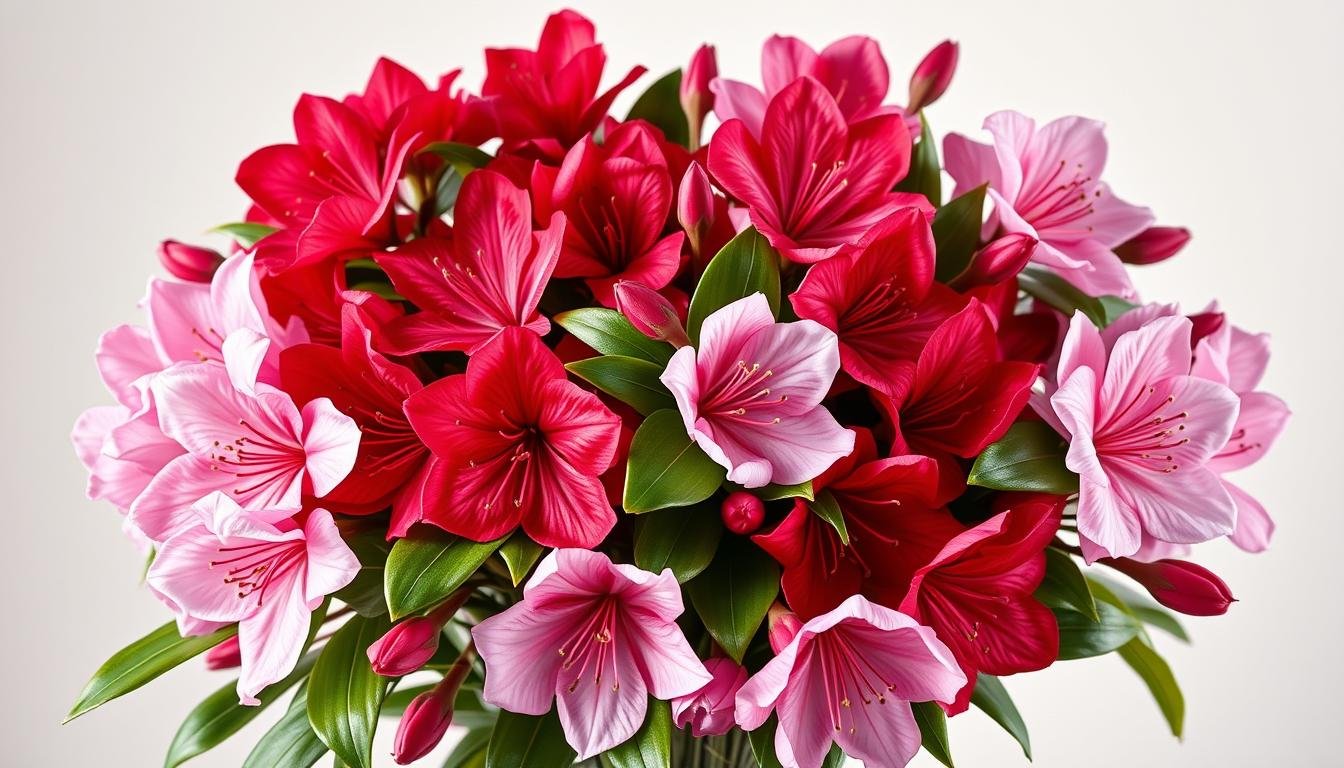 A vibrant and diverse bouquet of rhododendron flowers, showcasing a range of hues from delicate pinks to bold reds and purples. The flowers are meticulously rendered with a level of detail that captures their intricate petals and centers. The arrangement is set against a serene background, with soft, diffused lighting that enhances the natural beauty of the blooms. The composition is balanced, with the flowers occupying the foreground and middle ground, while the background offers a subtle, complementary palette. The overall mood is one of tranquility and elegance, reflecting the harmonious coexistence of the various rhododendron species and their rich symbolism in Eastern and Western cultures.