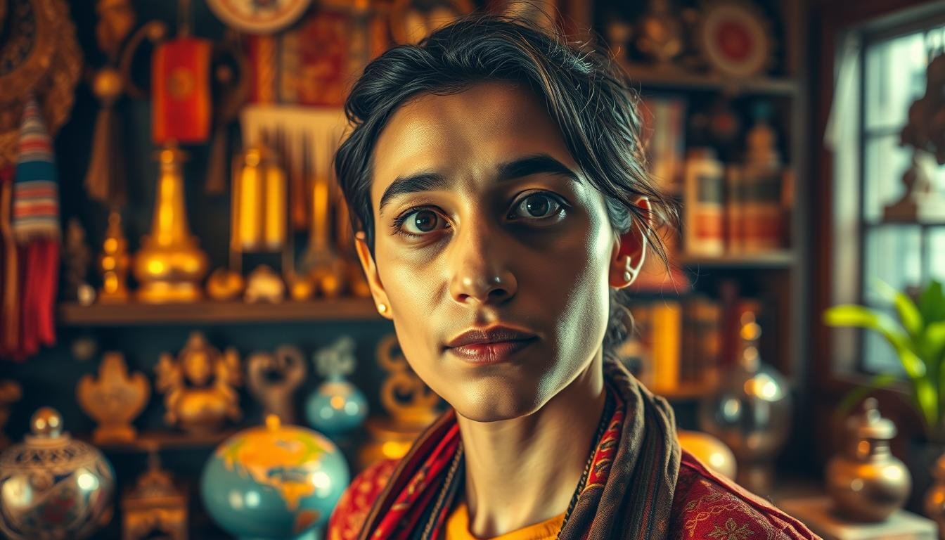 A vibrant portrait of a person immersed in cultural pursuits, bathed in warm, inviting lighting. The subject is positioned in the foreground, their face illuminated with a curious, pensive expression, hinting at the intriguing perspectives they might offer. The middle ground showcases an array of intriguing cultural artifacts, from traditional textiles to vintage trinkets, creating a rich, textured backdrop. In the background, a softly blurred setting suggests a cozy, intimate space, perhaps a study or library, further emphasizing the intellectual and artistic nature of the scene. The overall atmosphere evokes a sense of discovery, inviting the viewer to explore the subject's unique cultural interests and perspectives.