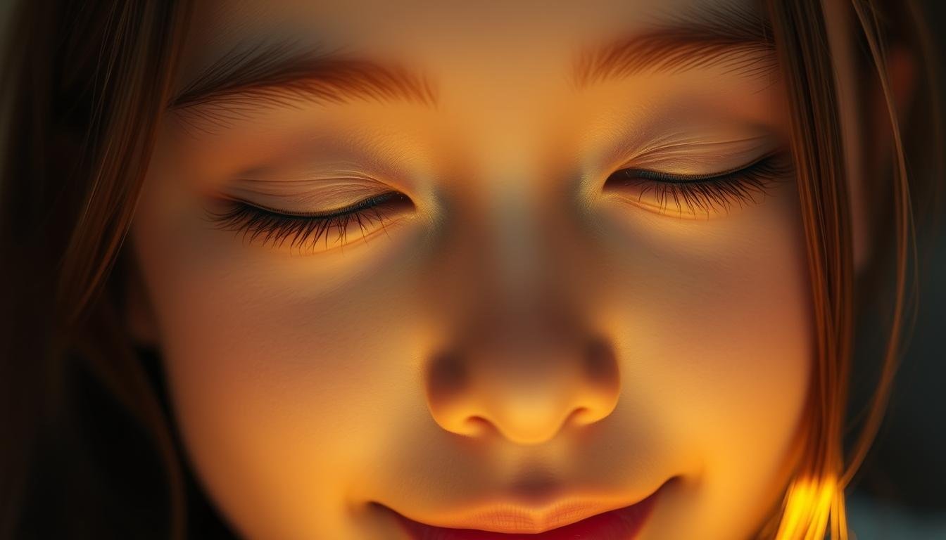 A warm, softly lit close-up of a serene, youthful face with delicate features. The eyes are half-lidded, creating a gentle, crescent-shaped glow that exudes a sweet, enchanting expression. The eyelids are slightly hooded, forming subtly elevated apples of the cheeks, reminiscent of a reclining silkworm. The lips are slightly parted, curving upwards in a subtle, alluring smile. The lighting casts a golden, diffused glow, accentuating the smooth, glowing skin and the tranquil, magnetic gaze. An intimate, dreamy mood pervades the scene, inviting the viewer to bask in the subject's captivating charm. A warm, softly lit close-up of a serene, youthful face with delicate features. The eyes are half-lidded, creating a gentle, crescent-shaped glow that exudes a sweet, enchanting expression. The eyelids are slightly hooded, forming subtly elevated apples of the cheeks, reminiscent of a reclining silkworm. The lips are slightly parted, curving upwards in a subtle, alluring smile. The lighting casts a golden, diffused glow, accentuating the smooth, glowing skin and the tranquil, magnetic gaze. An intimate, dreamy mood pervades the scene, inviting the viewer to bask in the subject's captivating charm.