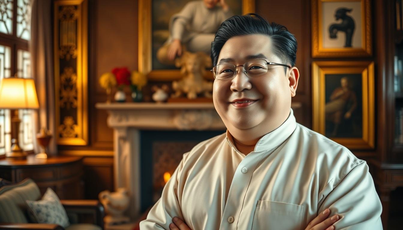 A wealthy and prosperous middle-aged man with a double chin stands confidently in a luxurious study, surrounded by symbols of his success - gilded frames, ornate furniture, and a crackling fireplace. Warm lighting casts a glow on his satisfied expression, highlighting the distinct facial features that signify his "旺夫相" or "auspicious husband" appearance according to Chinese physiognomy. The scene conveys a sense of power, status, and the fulfillment of domestic ambition, capturing the essence of the "double chin and 'auspicious husband' physiognomy" as described in the article section. A wealthy and prosperous middle-aged man with a double chin stands confidently in a luxurious study, surrounded by symbols of his success - gilded frames, ornate furniture, and a crackling fireplace. Warm lighting casts a glow on his satisfied expression, highlighting the distinct facial features that signify his "旺夫相" or "auspicious husband" appearance according to Chinese physiognomy. The scene conveys a sense of power, status, and the fulfillment of domestic ambition, capturing the essence of the "double chin and 'auspicious husband' physiognomy" as described in the article section.