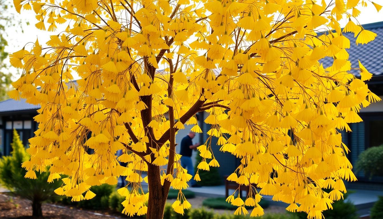 A well-manicured ginkgo tree stands in the foreground, its vibrant yellow foliage catching the soft, diffused light of a calm autumn day. In the middle ground, a gardener carefully trims the branches, shaping the tree's elegant form. The background depicts a serene garden setting, with other verdant plants and a hint of traditional architecture providing a harmonious backdrop. The scene conveys a sense of tranquility and the thoughtful care required to maintain the ginkgo's health and aesthetic appeal, embodying the ancient wisdom of ginkgo cultivation in a modern residential context.