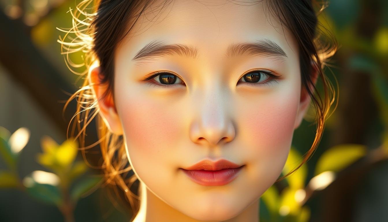 A youthful, glowing apple-shaped face with plump, radiant cheeks. Soft, luminous skin with a healthy, dewy sheen. Gentle highlights catch the contours, accentuating the natural volume and suppleness. The composition places the face in a serene, natural setting, bathed in warm, golden light. A sense of tranquility and timeless beauty pervades the scene, inviting the viewer to appreciate the aesthetics and underlying meaning of this classic Chinese physiognomy.