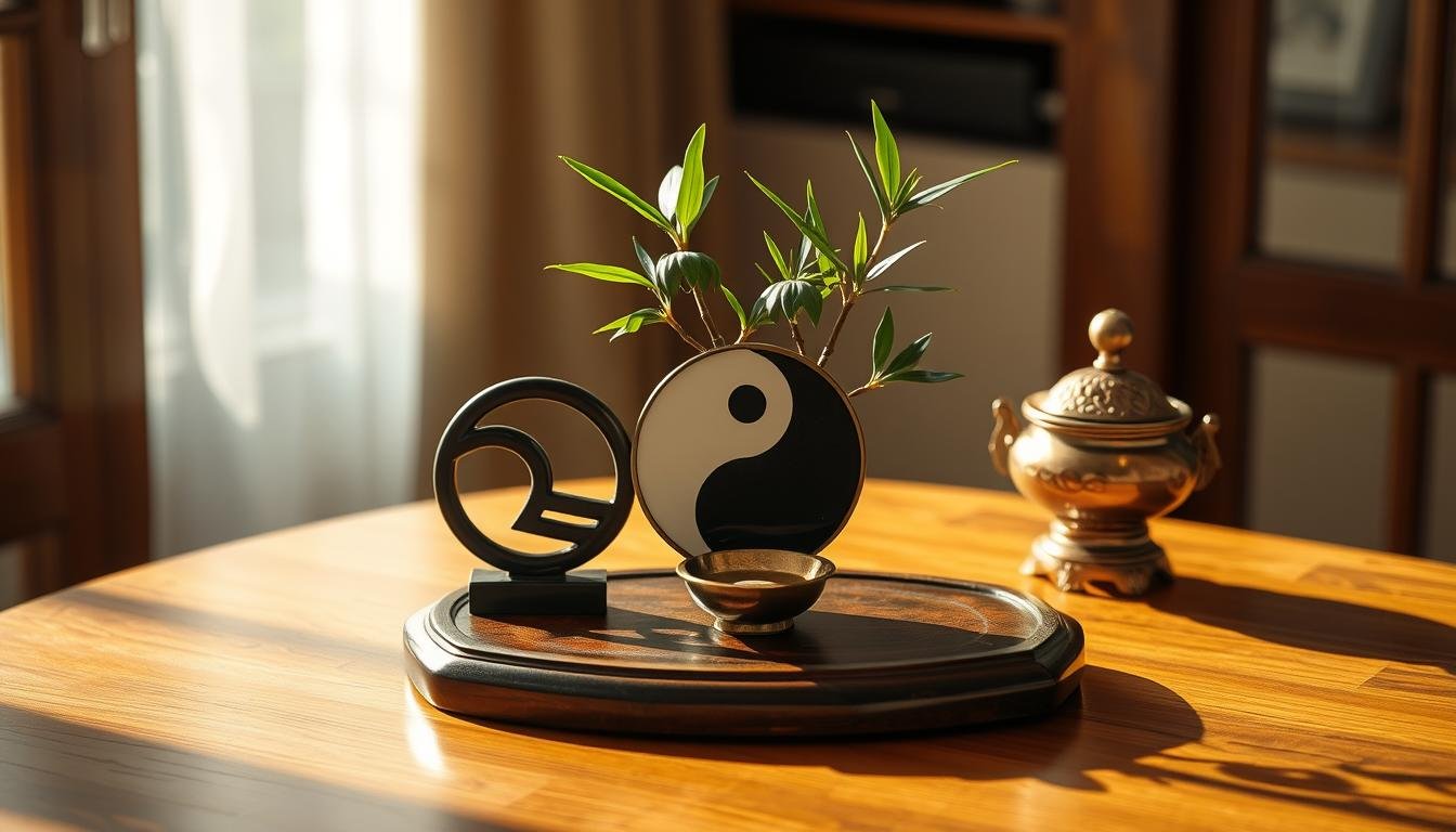 An elegant and serene arrangement of talismanic items on a warm wooden table, bathed in soft, natural lighting. A yin-yang symbol, a finely carved bamboo plant, and a small brass incense burner sit in harmonious balance, radiating a sense of tranquility and spiritual equilibrium. The scene evokes the principles of Feng Shui, with each element thoughtfully positioned to create a calming, restorative atmosphere. The image conveys a sense of thoughtful, mindful placement - a visual representation of the art of "Bai Wei Hua Jie", or the strategic arrangement of objects to resolve spiritual imbalances. An elegant and serene arrangement of talismanic items on a warm wooden table, bathed in soft, natural lighting. A yin-yang symbol, a finely carved bamboo plant, and a small brass incense burner sit in harmonious balance, radiating a sense of tranquility and spiritual equilibrium. The scene evokes the principles of Feng Shui, with each element thoughtfully positioned to create a calming, restorative atmosphere. The image conveys a sense of thoughtful, mindful placement - a visual representation of the art of "Bai Wei Hua Jie", or the strategic arrangement of objects to resolve spiritual imbalances.