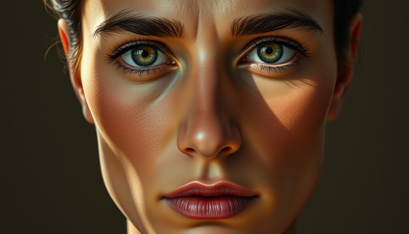 Intricate facial features in a serene, luminous portrait. A face with well-defined eyebrows, captivating eyes, and a strong yet refined jawline. Soft lighting casts gentle shadows, accentuating the contours and depth of the face. The expression conveys an air of contemplation, hinting at a sharp intellect and strategic mind. The subject's gaze is directed outward, suggesting an outward-looking perspective and a capacity for foresight. Rendered in a classic, painterly style that emphasizes the subject's distinctive physiognomy and inner qualities.