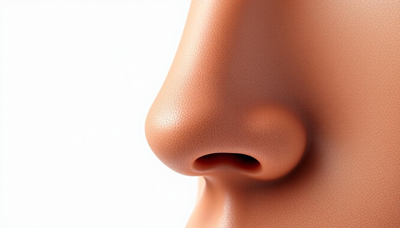 a highly detailed, realistic digital illustration of a human nose, shot with a high-resolution camera and natural lighting. The nose should be the central focus, with a sharp, detailed rendering showcasing its unique features and intricate structures. The skin should have a natural, porous texture, and the nostrils should be clearly defined. The nose should be positioned in a flattering, three-quarter angle to accentuate its shape and proportions. The background should be simple and uncluttered, allowing the nose to stand out prominently. The overall mood should be one of scientific study and anatomical exploration, inviting the viewer to examine the nose's form and function.