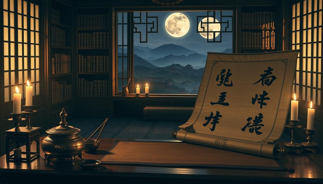 A Chinese-style scholar's study, dimly lit by soft candlelight. In the foreground, a wooden desk with an ornate brass inkwell, calligraphy brushes, and a scroll unfurled to reveal the characters "準頭 蘭台 廷尉 財庫". The middle ground shows a bookshelf filled with ancient tomes, casting long shadows across the scene. In the background, a window looks out onto a moonlit landscape of rolling hills and distant pagodas. The atmosphere is one of contemplation, wisdom, and the pursuit of knowledge about the mysteries of physiognomy.