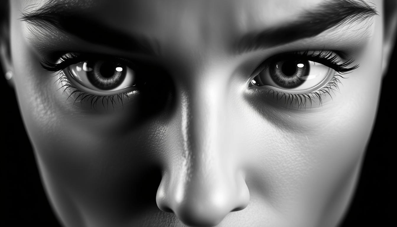 A balanced and harmonious portrait of a face with contrasting large and small eyes. The larger eye has a piercing, intense gaze, while the smaller eye appears more serene and introspective, creating a dynamic interplay between the two. The overall composition is in a high-contrast black and white style, lending an air of mysticism and spiritual depth. Careful attention is paid to the proportions and symmetry of the facial features, conveying a sense of inner and outer balance. The lighting is dramatic, with chiaroscuro effects highlighting the eyes and defining the facial planes. The resulting image captures the essence of the duality and interplay between the large and small eyes, reflecting the deeper meaning and significance as described in the article's section title. A balanced and harmonious portrait of a face with contrasting large and small eyes. The larger eye has a piercing, intense gaze, while the smaller eye appears more serene and introspective, creating a dynamic interplay between the two. The overall composition is in a high-contrast black and white style, lending an air of mysticism and spiritual depth. Careful attention is paid to the proportions and symmetry of the facial features, conveying a sense of inner and outer balance. The lighting is dramatic, with chiaroscuro effects highlighting the eyes and defining the facial planes. The resulting image captures the essence of the duality and interplay between the large and small eyes, reflecting the deeper meaning and significance as described in the article's section title.