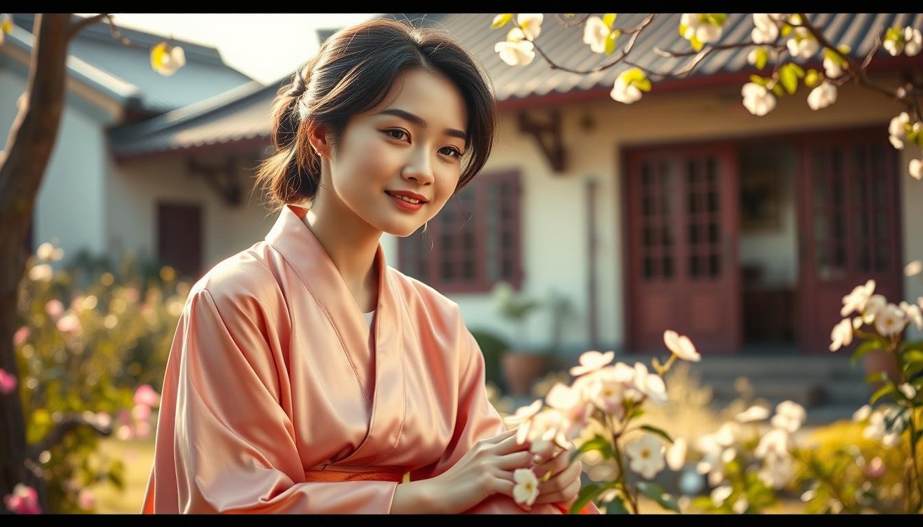 A beautiful Chinese woman, dressed in traditional silk robes, sits contentedly in a serene garden setting. The warm afternoon sun casts a gentle glow, highlighting her serene expression and the delicate flowers blooming around her. In the background, a traditional Chinese house with curved eaves and latticed windows suggests the comfort and security of a cherished family home. The overall scene conveys a sense of harmony, fulfillment, and the blessings of a settled domestic life. A beautiful Chinese woman, dressed in traditional silk robes, sits contentedly in a serene garden setting. The warm afternoon sun casts a gentle glow, highlighting her serene expression and the delicate flowers blooming around her. In the background, a traditional Chinese house with curved eaves and latticed windows suggests the comfort and security of a cherished family home. The overall scene conveys a sense of harmony, fulfillment, and the blessings of a settled domestic life.