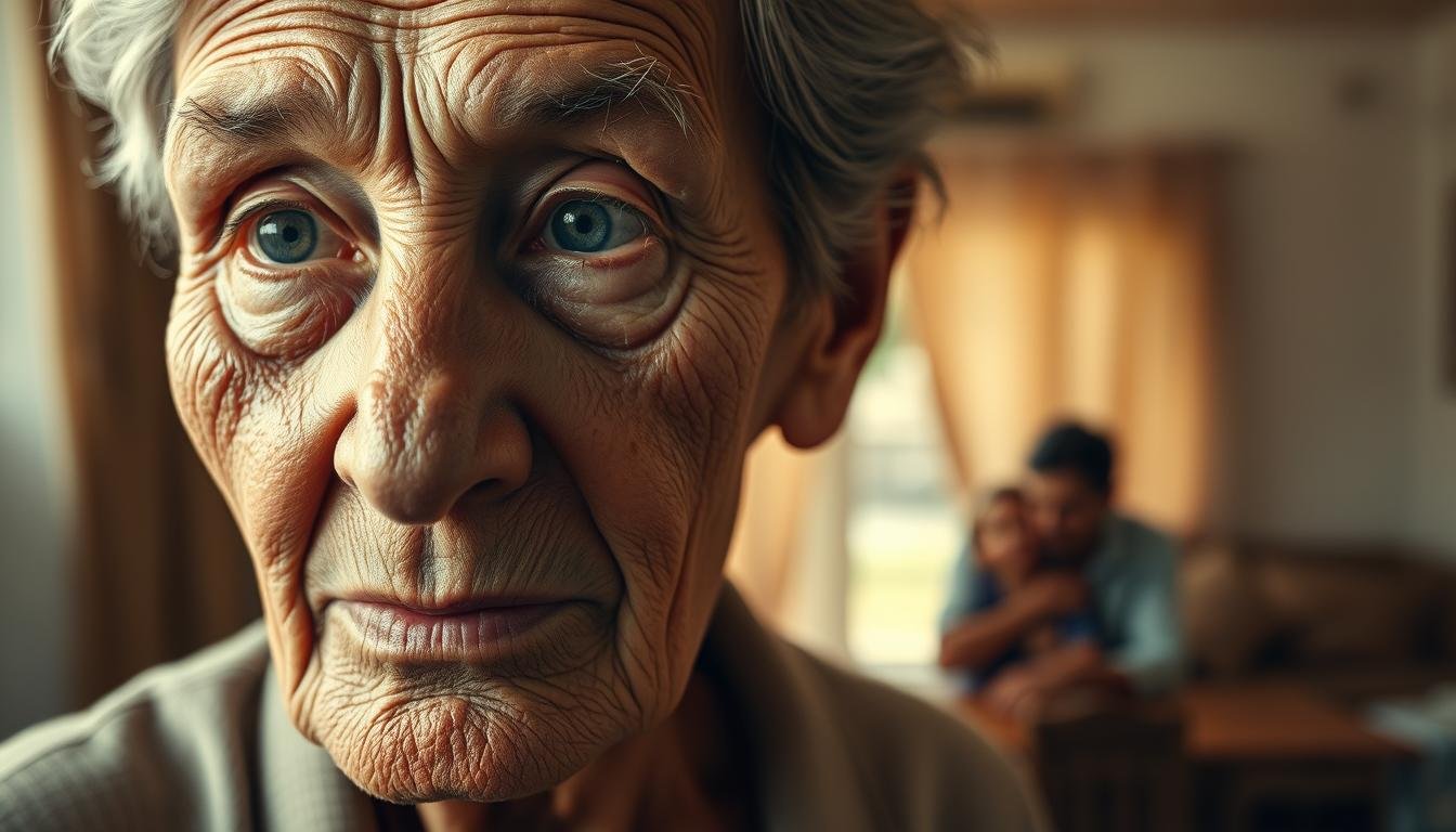 A beautifully aged face with prominent dimples, illuminated by warm, soft lighting that accentuates the weathered, yet serene expression. The subject's gaze is introspective, hinting at a lifetime of experiences. In the middle ground, a harmonious domestic scene unfolds, showcasing familial bonds and a sense of contentment. The background is subtly blurred, creating a dreamlike atmosphere that evokes the twilight of one's years. Subtle, earthy tones and a gentle, painterly aesthetic convey the wisdom and tranquility associated with the subject's later life.