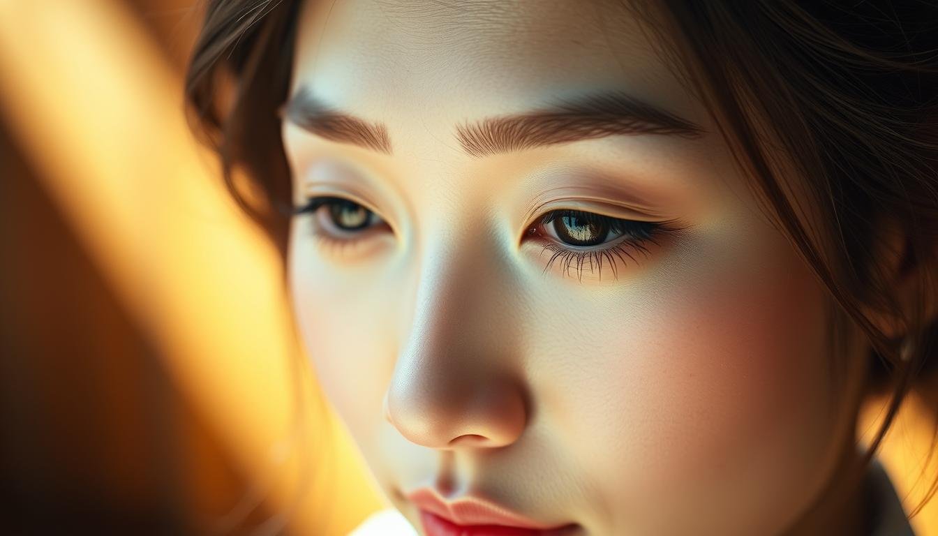 A beautifully detailed close-up portrait of a woman's face, capturing the distinctive features of her "eight character eyebrows". The lighting is soft and warm, creating a serene, introspective atmosphere. The background is blurred and muted, allowing the subject's face to take center stage. Her expression is thoughtful, almost meditative, hinting at the depth of character and insight that her unique eyebrow shape signifies. The image is crisp, high-resolution, and masterfully composed to convey the captivating allure and profound meaning behind this traditional Chinese physiognomy. A beautifully detailed close-up portrait of a woman's face, capturing the distinctive features of her "eight character eyebrows". The lighting is soft and warm, creating a serene, introspective atmosphere. The background is blurred and muted, allowing the subject's face to take center stage. Her expression is thoughtful, almost meditative, hinting at the depth of character and insight that her unique eyebrow shape signifies. The image is crisp, high-resolution, and masterfully composed to convey the captivating allure and profound meaning behind this traditional Chinese physiognomy.