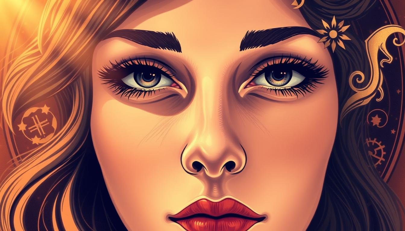 A beautifully detailed illustration of a woman's face, captured in a warm, natural light. The nose takes center stage, with its distinct features and contours carefully rendered. In the background, an intricate pattern of astrological symbols and zodiac signs swirls, creating a sense of mysticism and connection to the cosmic realm. The overall composition conveys a sense of harmony and balance, as if the subject's fate and fortune are intricately tied to the nuances of her facial features. The image radiates a sense of thoughtfulness and contemplation, inviting the viewer to ponder the insights that can be gleaned from the ancient art of physiognomy.