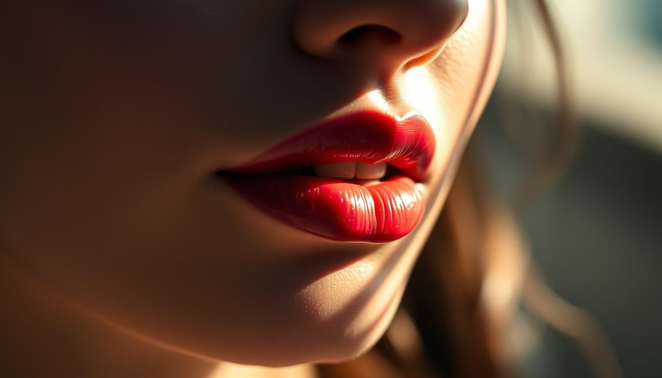 A beautifully lit close-up of a woman's lips, capturing their vibrant color and soft, supple texture. The lighting casts gentle shadows, accentuating the natural contours and shape of the lips, hinting at their potential to convey a range of emotions and expressions. In the background, a soft, ethereal blur suggests a sense of mysticism and the unseen forces that may influence one's life path and fortune. The overall impression is one of intrigue, allure, and the subtle connection between physical appearance and the unseen realms of health and destiny.
