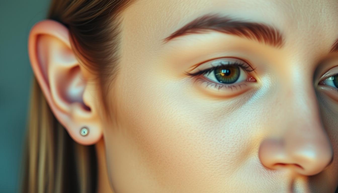 A beautifully lit close-up portrait of a person's face, focused on the intricate details of their ears and eyebrows. The lighting is soft and diffuse, creating a warm, serene atmosphere. The skin tones are natural and subtly textured, with a slight glow. The ears are prominently displayed, their structure and shape clearly visible. The eyebrows are well-groomed, their arch and thickness conveying a sense of balance and poise. The expression is neutral, allowing the features to be studied and analyzed. The background is slightly blurred, keeping the attention on the subject's face. The overall composition is carefully framed, highlighting the key elements for physiognomy analysis.