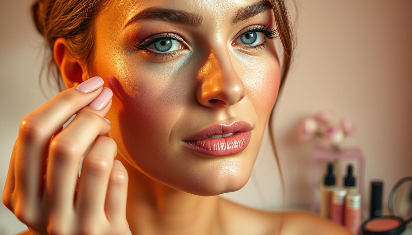 A beautifully lit close-up portrait of a woman applying makeup with a soft, radiant glow. In the foreground, her delicate fingers blend a rosy blush across her cheeks, accentuating her natural features. The middle ground showcases an array of elegant cosmetic products, each casting gentle shadows. In the background, a serene, pastel-toned environment creates a calming, romantic ambiance, hinting at the power of self-care rituals to enhance one's inherent charm and allure. Warm, diffused lighting casts a subtle shimmer across her complexion, suggesting an aura of effortless beauty and confidence.