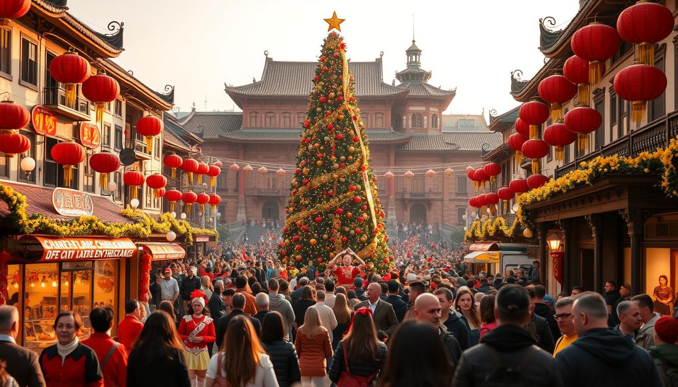 A bustling South District Christmas celebration in a warm, festive atmosphere. In the foreground, a lively parade with colorful floats, costumed dancers, and marching bands. In the middle ground, people gathered around a towering Christmas tree, admiring its twinkling lights and decorations. In the background, traditional red lanterns and ornate architectural details of historic buildings set the cultural scene. Soft golden lighting casts a cozy glow, while a slight breeze carries the aroma of local delicacies. The overall mood is one of joyous community, cultural heritage, and seasonal cheer.