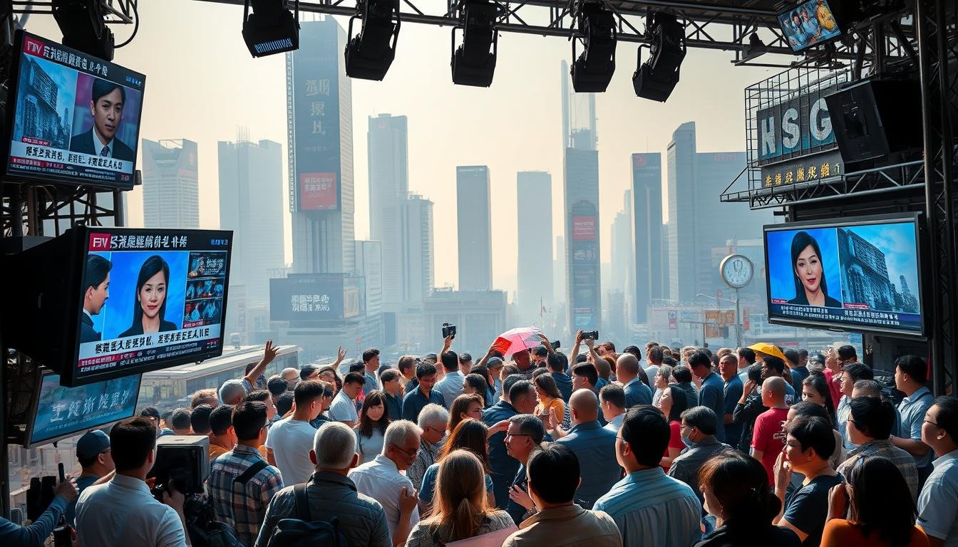 A bustling cityscape with a media studio in the foreground, its screens and monitors displaying news headlines and articles about the controversial face reading expert, Lin Yueyun. In the middle ground, a diverse crowd of people engaged in lively discussions, some nodding in agreement, others gesturing animatedly, reflecting the public's diverse reactions and perspectives. The background is a hazy, atmospheric urban landscape, with skyscrapers and billboards adding to the sense of a dynamic, interconnected world. The lighting is a mix of warm, natural sunlight and the cool, artificial glow of the media screens, creating a sense of tension and dialogue between the public and the media narratives. The overall composition conveys the complexities of how media coverage and public discourse intersect around the figure of Lin Yueyun and her face reading practice. A bustling cityscape with a media studio in the foreground, its screens and monitors displaying news headlines and articles about the controversial face reading expert, Lin Yueyun. In the middle ground, a diverse crowd of people engaged in lively discussions, some nodding in agreement, others gesturing animatedly, reflecting the public's diverse reactions and perspectives. The background is a hazy, atmospheric urban landscape, with skyscrapers and billboards adding to the sense of a dynamic, interconnected world. The lighting is a mix of warm, natural sunlight and the cool, artificial glow of the media screens, creating a sense of tension and dialogue between the public and the media narratives. The overall composition conveys the complexities of how media coverage and public discourse intersect around the figure of Lin Yueyun and her face reading practice.