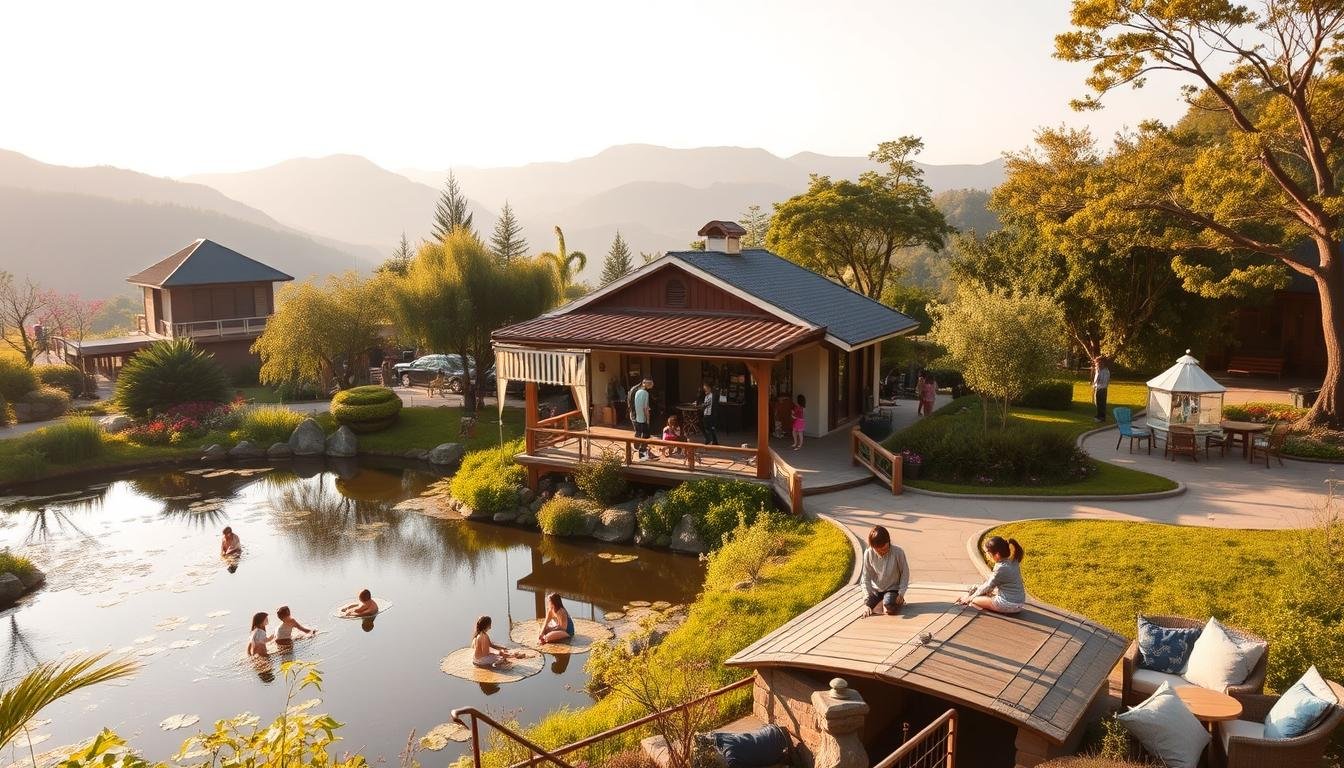 A bustling family-friendly destination in Taoyuan, Taiwan. A serene garden with lush foliage and a tranquil pond, where children play on a wooden bridge. In the middle ground, a quaint cafe offers refreshments, its outdoor seating area inviting visitors to linger. The background features rolling hills and a bright, hazy sky, creating a sense of calm and openness. Warm, golden lighting bathes the scene, evoking a cozy and welcoming atmosphere. The composition captures the essence of a harmonious, picturesque family outing, with a focus on the interconnection between nature, recreation, and local culture.