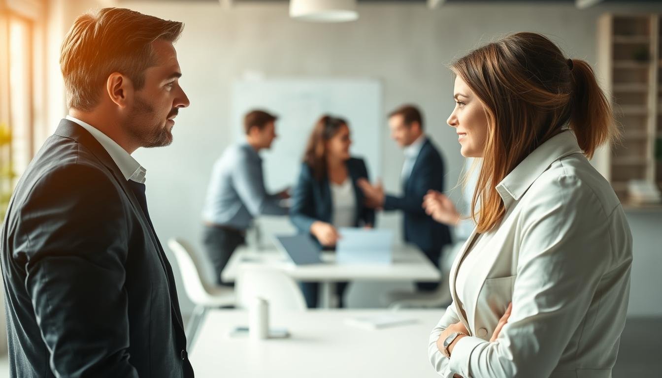 A bustling office scene with a group of professionals engaged in a collaborative discussion. The foreground features two colleagues, a man and a woman, intently facing each other, their body language conveying a sense of rapport and understanding. In the middle ground, several other coworkers are gathered around a conference table, exchanging ideas and gestures. The background is softly blurred, emphasizing the focal point of the interpersonal dynamics. The lighting is warm and natural, creating a welcoming and productive atmosphere. The composition is balanced, with a clean, minimalist aesthetic that underscores the theme of effective professional relationships.