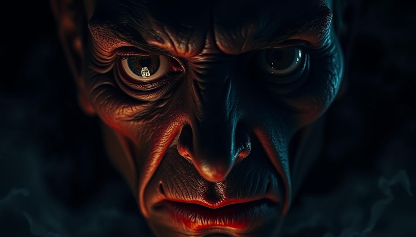 A captivating close-up portrait of a mysterious face, illuminated by dramatic chiaroscuro lighting. The subject's features are deeply etched, revealing striking bone structure and intense, piercing eyes that convey a sense of foreboding. Subtle wrinkles and asymmetries suggest hidden wisdom and life experiences. The face is set against an atmospheric, shrouded background, creating an air of mysticism and unease. The overall impression evokes a sense of caution and the need to heed the subtle warning signs hidden within one's physiognomy.