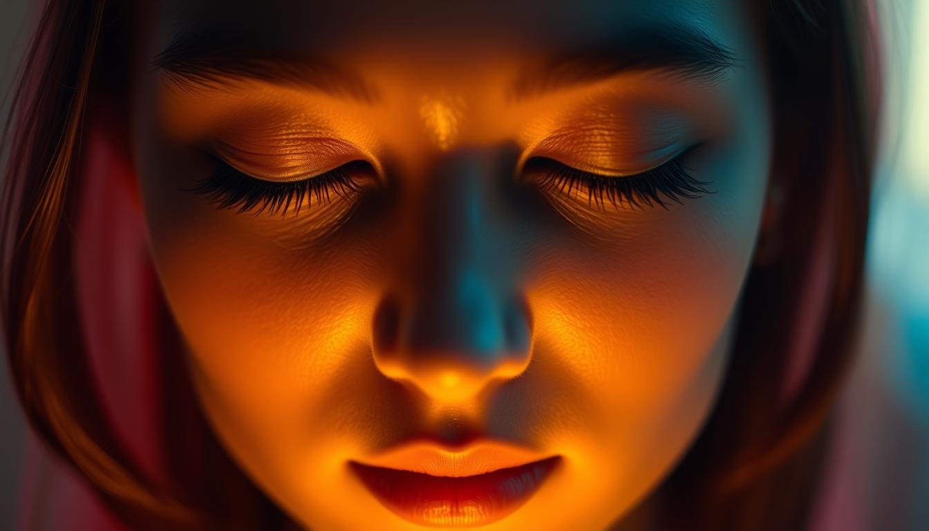 A captivating close-up portrait of a serene, introspective face, illuminated by warm, ambient lighting. The subject's eyes are closed, conveying a sense of deep contemplation, while the delicate features and serene expression evoke a profound emotional connection. Soft, diffused light caresses the subject's skin, creating a sense of tranquility and introspection. The background is pleasantly blurred, allowing the viewer to focus solely on the subject's inner world and the deeper meaning behind the "Husband and Wife Palace" facial features. The overall mood is one of introspection, self-discovery, and the exploration of the secrets to marital bliss.