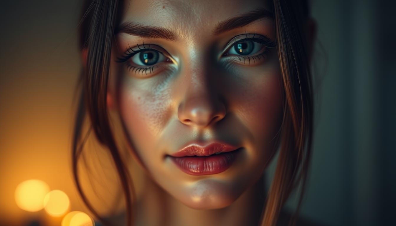 A captivating close-up portrait of a woman's face, her complexion glowing with a healthy radiance. Her chin bears a distinct birthmark, a small yet striking feature that adds a touch of intrigue to her alluring visage. The lighting is soft and diffused, creating a warm, inviting ambiance that accentuates the subtle contours of her face. Her eyes are calm and serene, conveying a sense of inner wisdom and tranquility. The background is gently blurred, allowing the viewer's focus to remain solely on the mesmerizing details of her facial features. This image exudes a sense of prosperity and good fortune, reflecting the profound significance of the chin's birthmark in the realm of physiognomy.