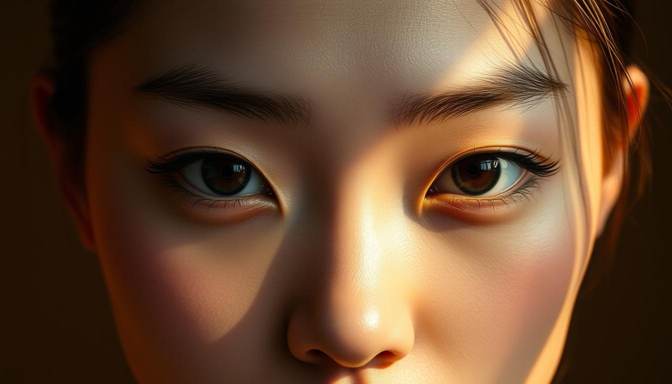 A captivating portrait of a person's face, showcasing the distinct features of the "Danfeng Eyes" physiognomy. The subject's eyes are set in a slightly upturned, alluring gaze, framed by delicate eyelids and lush lashes. The face is illuminated by warm, diffused lighting, casting subtle shadows that accentuate the high cheekbones and strong jawline. The skin has a flawless, porcelain-like texture, with a hint of natural blush on the cheeks. The overall expression conveys an aura of mystery and magnetic charm, embodying the essence of the "Danfeng Eyes" as described in the article. The composition is crisp and focused, drawing the viewer's attention to the captivating eyes and facial features.
