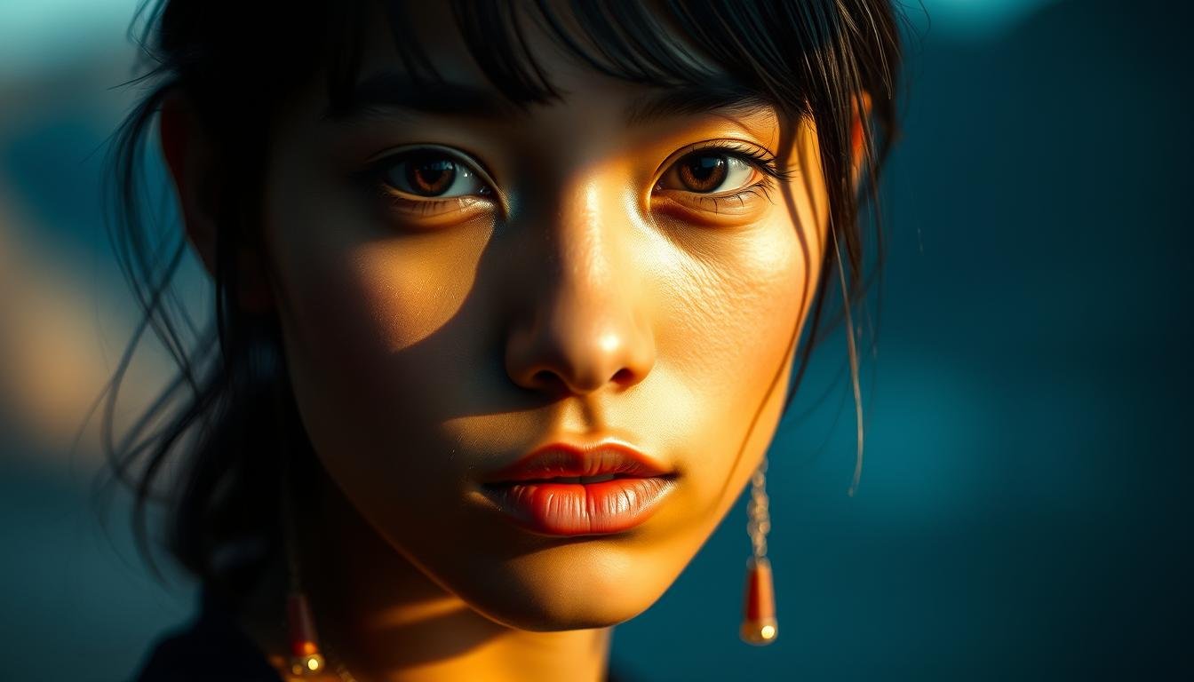 A captivating portrait of an individual with a flattened nose and single-lidded eyes, evocative of exotic allure. The subject's face is illuminated by soft, warm lighting, casting subtle shadows that accentuate their delicate features. The background blurs into a hazy, dreamlike landscape, suggesting a sense of mystery and intrigue. The composition is balanced, with the subject's gaze directing the viewer's attention towards their hypnotic expression. The overall mood is one of alluring otherworldliness, inviting the observer to explore the captivating essence of this enigmatic individual.