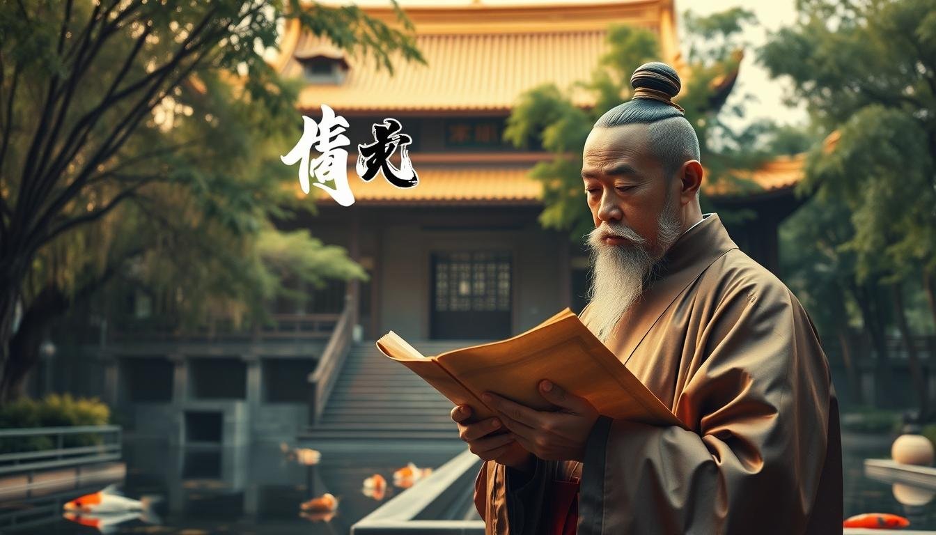 A classical Chinese temple setting with an ornate gold roof, surrounded by lush bamboo groves and serene koi ponds. In the foreground, a wealthy scholar dressed in fine silk robes examines a series of ancient scrolls, his expression one of deep contemplation. Soft, diffused lighting filters through the trees, casting a warm, mystical glow over the scene. The atmosphere evokes a sense of timeless wisdom and the importance of preserving financial prosperity. Elegant calligraphic brushstrokes of the phrase "財運守財" float above the scholar, subtly reinforcing the theme.