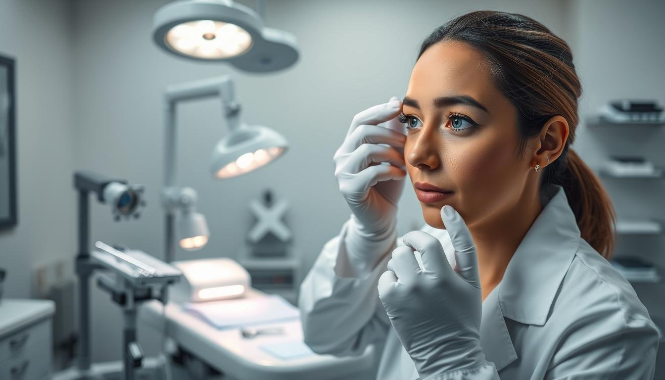 A clinical medical office setting with a focus on cosmetic procedures. In the foreground, a doctor in a white lab coat examines a patient's face, discussing options for eyelid surgery. The middle ground shows medical equipment and tools used in aesthetic procedures, such as scalpels, sutures, and mirrors. The background features calming, subdued lighting and neutral-toned decor to create a professional, yet relaxing atmosphere. The overall scene conveys the expertise and care involved in modern facial enhancement procedures, with an emphasis on the technical aspects and safety considerations.