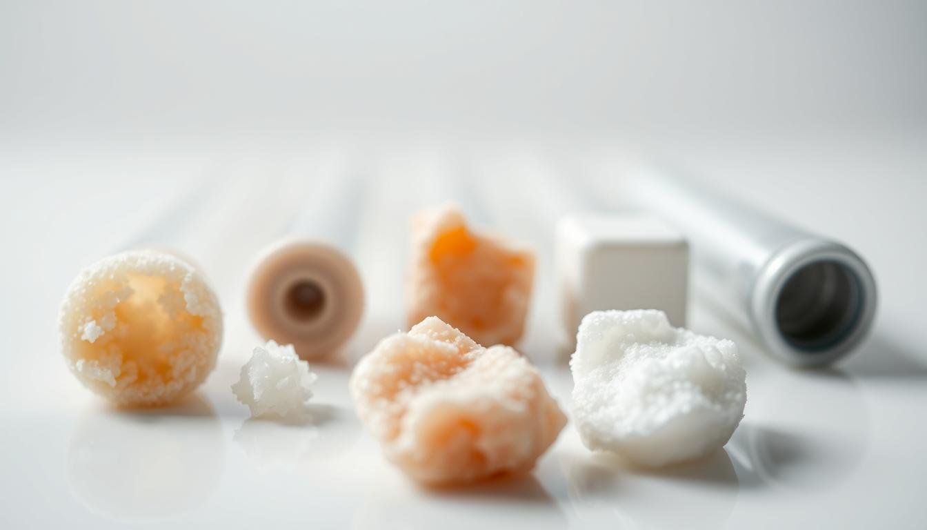 A close-up, detailed comparison of various hyaluronic acid (HA) dermal filler materials. The foreground showcases samples of different HA formulations, their textures and viscosities clearly visible. The middle ground features a minimalist, modern medical aesthetic, with clean white surfaces and subtle lighting. The background gently blurs to draw focus to the HA materials, conveying a sense of scientific investigation and clinical assessment. The overall mood is one of precision, clarity and an objective, evidence-based approach to selecting the optimal HA treatment product.