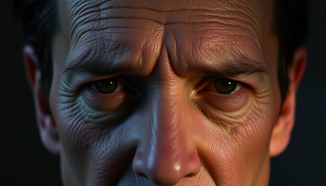 A close-up, detailed portrait of a person's face with a visible sunken temple region. The lighting is dramatic, creating shadows and highlighting the concave contours of the temples. The skin texture is realistic, with pores and subtle wrinkles visible. The expression is neutral, allowing the distinctive facial feature to be the focal point. The background is blurred, keeping the attention on the subject's face and the sunken temple area. The overall mood is contemplative, inviting the viewer to study and interpret the physiognomic significance of this prominent facial characteristic.