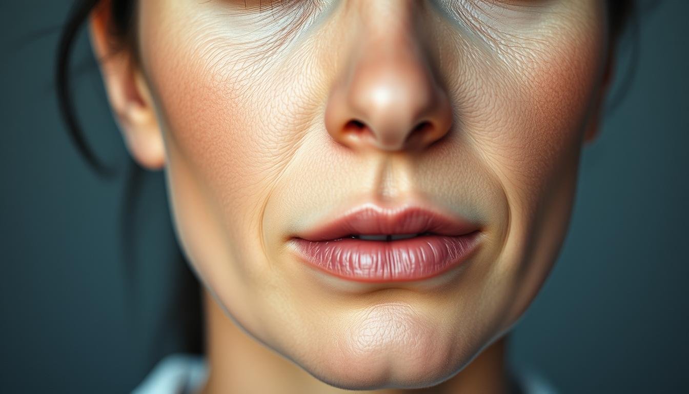A close-up facial portrait of a woman, with a detailed examination of her interrupted nasolabial folds. The skin texture is finely rendered, with subtle variations in tone and pores visible. The lighting is soft and diffused, creating a contemplative, almost clinical atmosphere. The focus is tightly centered on the lower half of the face, with a slight tilt to reveal the contours of the cheeks and chin. The background is blurred, allowing the facial features to take center stage. The expression is neutral, allowing the viewer to study the unique characteristics of the nasolabial folds and their potential implications for the woman's personality and life path.