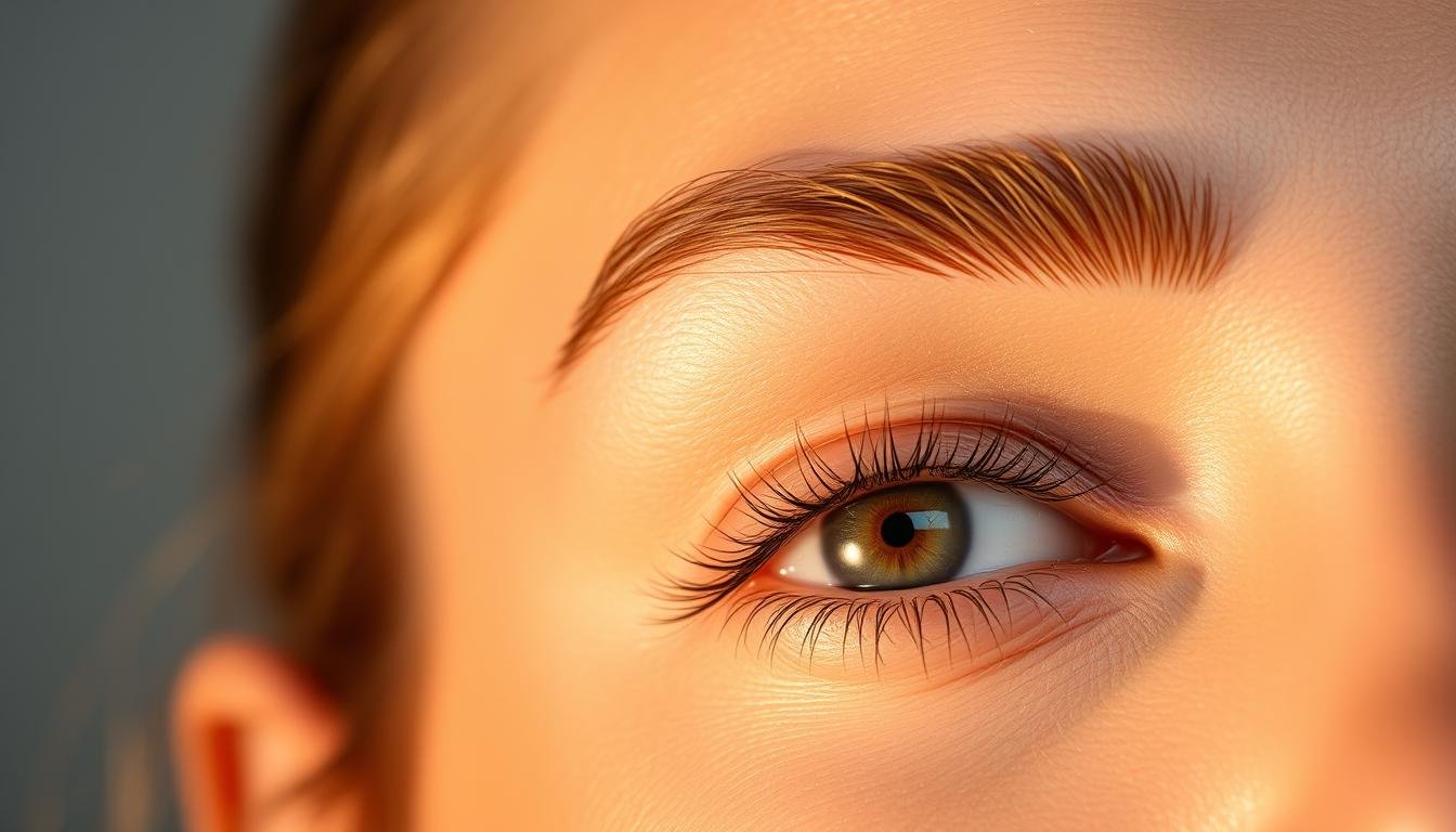 A close-up, high-resolution photograph of a carefully groomed and tailored eyebrow. The eyebrow features an elegant, refined shape that complements the facial features, with delicate, precisely-trimmed hairs and a natural, flattering arch. Warm, soft lighting illuminates the eyebrow, creating depth and dimensionality. The background is a neutral, blurred studio setting, placing the focus entirely on the well-proportioned, personalized eyebrow. Crisp, high-quality details reveal the intricate structure and texture of the eyebrow hairs. The overall impression is one of balance, beauty, and expert customization.