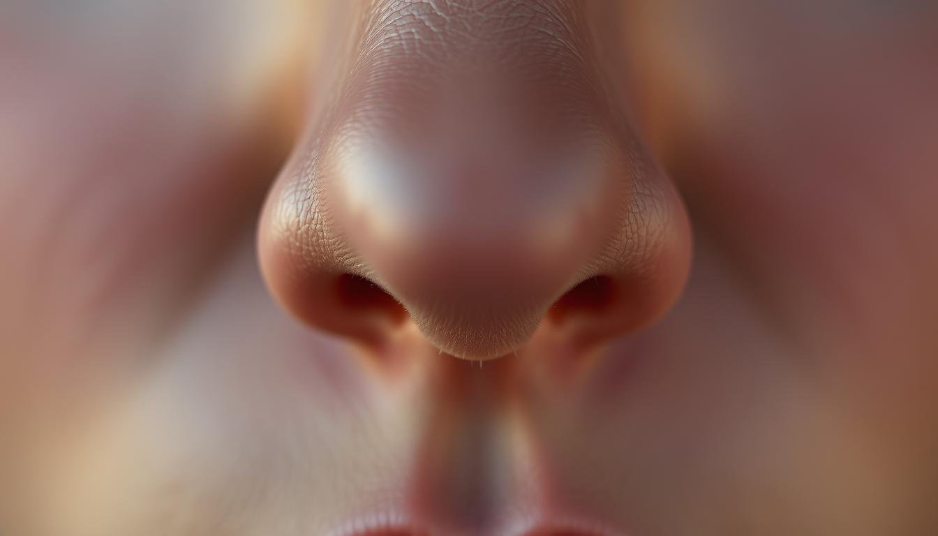 A close-up, high-resolution portrait of a person's nose, showcasing its intricate details and luminous quality. The nose is the focal point, occupying a significant portion of the frame, with a soft, diffused lighting that accentuates the subtle contours and highlights the pores, creases, and subtle shifts in hue. The skin has a healthy, dewy glow, conveying a sense of vitality and inner radiance. The background is blurred and out of focus, placing the emphasis solely on the nose and its unique characteristics. The overall mood is one of introspection and the revelation of hidden insights about the person's destiny, as suggested by the title "鼻子位置與光澤：隱藏的命運訊息".