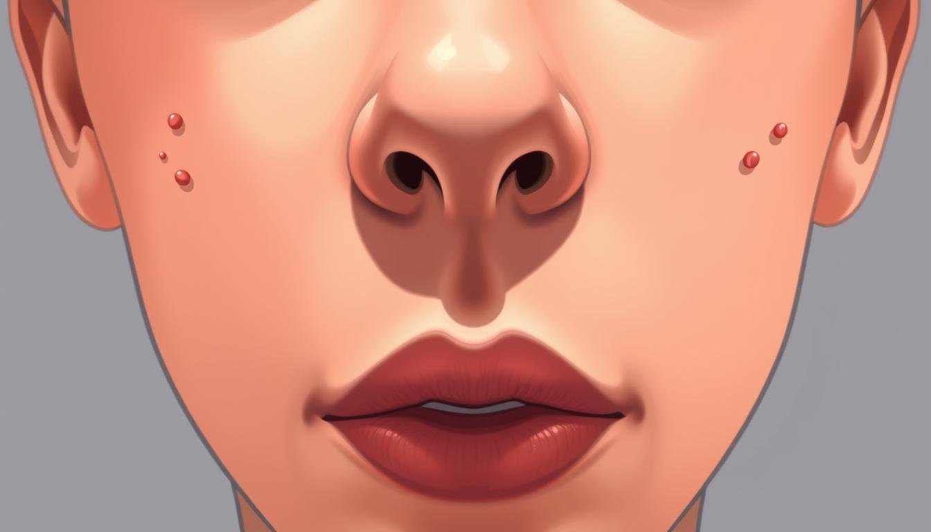 A close-up illustration of a human face, focused on the nose area. The skin is smooth, with a soft and natural complexion. Scattered around the nose are several distinct moles or birthmarks, each with a unique shape and placement. The lighting is soft and diffused, creating subtle shadows that accentuate the facial features. The overall mood is one of introspection and thoughtfulness, inviting the viewer to study the nuances of the face and the insights that may be gleaned from the patterns of the markings. The image should convey a sense of depth and dimensionality, capturing the three-dimensional nature of the face in a clear and captivating way.