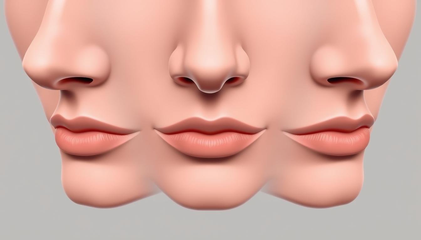 A close-up illustration showcasing three distinct jaw shapes: sharp, short, and recessed. Rendered in a minimalist, technical style with high-contrast lighting to accentuate the subtle differences in chin profile. Rendered in a neutral color palette to allow the form and contours to take center stage. The rendering should convey a sense of analytical clarity, guiding the viewer to discern the nuanced characteristics of these similar yet distinct facial features.