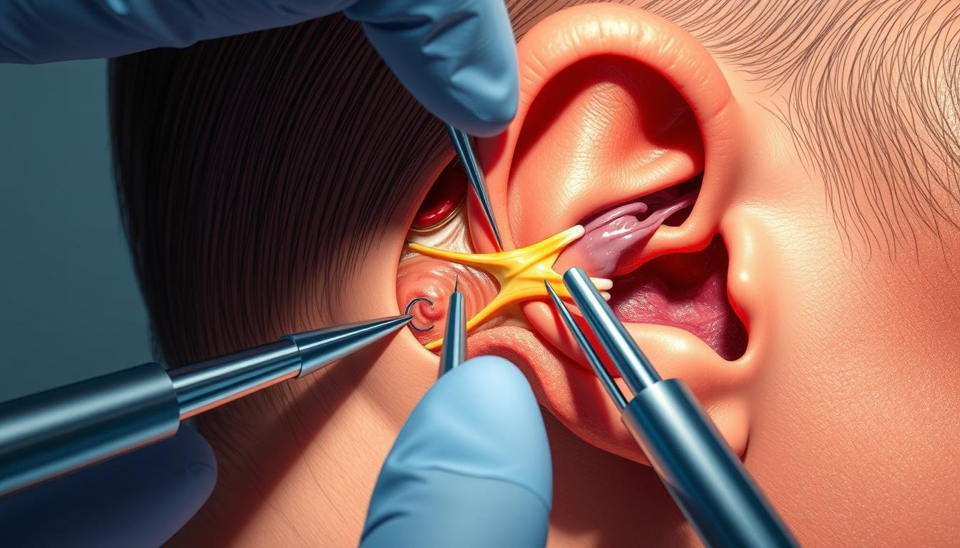 A close-up medical illustration showcasing the surgical removal of a supernumerary ear. The image depicts a detailed cross-section of the head, highlighting the anatomical structure of the accessory auricle, the surrounding skin, and underlying musculature. The procedure is shown with precision, capturing the incision, extraction, and suturing of the redundant ear tissue. The lighting is crisp and clinical, emphasizing the technical expertise required. The angle provides a clear, unobstructed view of the delicate operation, allowing viewers to fully understand the medical approach to this condition. The mood is one of professionalism and scientific objectivity, conveying the importance of this specialized medical intervention. A close-up medical illustration showcasing the surgical removal of a supernumerary ear. The image depicts a detailed cross-section of the head, highlighting the anatomical structure of the accessory auricle, the surrounding skin, and underlying musculature. The procedure is shown with precision, capturing the incision, extraction, and suturing of the redundant ear tissue. The lighting is crisp and clinical, emphasizing the technical expertise required. The angle provides a clear, unobstructed view of the delicate operation, allowing viewers to fully understand the medical approach to this condition. The mood is one of professionalism and scientific objectivity, conveying the importance of this specialized medical intervention.