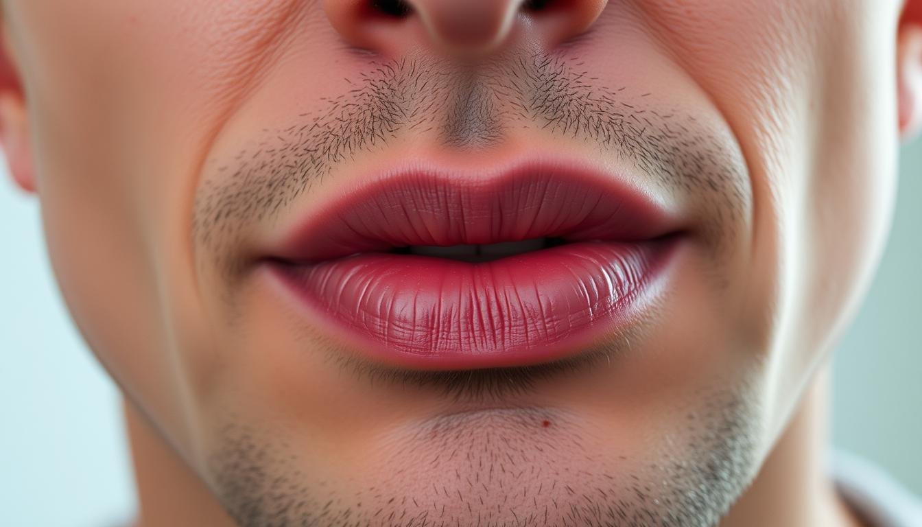 A close-up of a man's lips, captured in soft, natural lighting. The lips are full, slightly parted, with a subtle upturn at the corners, conveying a sense of warmth and approachability. The skin is smooth, with a healthy, slightly glossy sheen. The color of the lips ranges from a deep, rich red at the center, fading to a softer, more pinkish hue at the edges. The lighting casts gentle shadows, highlighting the contours and texture of the lips, creating a sense of depth and dimensionality. The background is blurred, allowing the focus to remain solely on the expressive, captivating lips. A close-up of a man's lips, captured in soft, natural lighting. The lips are full, slightly parted, with a subtle upturn at the corners, conveying a sense of warmth and approachability. The skin is smooth, with a healthy, slightly glossy sheen. The color of the lips ranges from a deep, rich red at the center, fading to a softer, more pinkish hue at the edges. The lighting casts gentle shadows, highlighting the contours and texture of the lips, creating a sense of depth and dimensionality. The background is blurred, allowing the focus to remain solely on the expressive, captivating lips.
