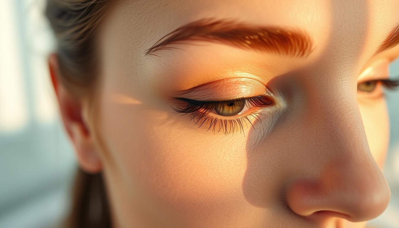 A close-up of a woman's eye area, showcasing eye makeup, eyelashes, and the delicate skin around the eyes. The lighting is soft and diffused, creating a warm, glowing effect. The focus is on the eye contour, with the eyelids, brow bone, and tear ducts clearly visible. The image has a serene, spa-like atmosphere, conveying the idea of gentle, nourishing eye care. The background is blurred, subtly hinting at a serene, natural setting. The overall impression is one of quiet elegance and a sense of well-being.
