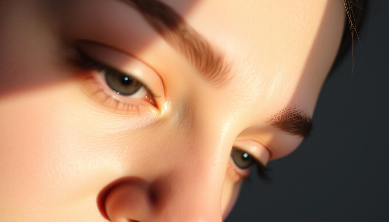 A close-up photograph of a human face, with the focus on the eyebrows. The lighting is soft and natural, creating a warm, contemplative mood. The camera angle is slightly above the subject, giving a slight downward perspective. The eyebrows are meticulously detailed, showcasing their unique shape, thickness, and texture. The skin surrounding the eyebrows is smoothly lit, allowing the subtleties of the facial features to be clearly visible. The background is a neutral, out-of-focus setting, keeping the attention on the expressive eyebrows and their intricate details.