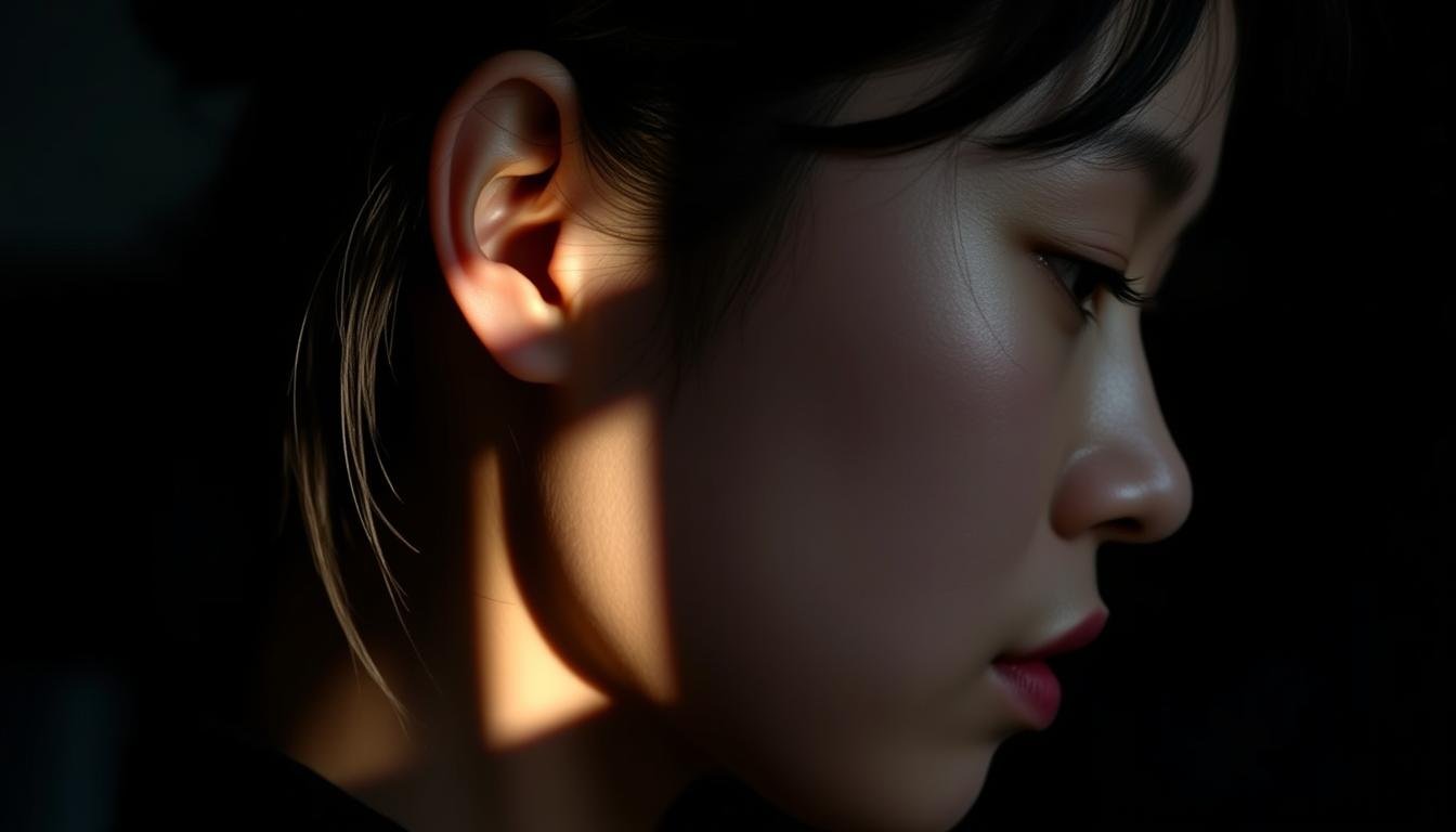 A close-up portrait of Taiwanese actress Tang Wei, with a focused view on her distinctive ear shape. The lighting is dramatic, casting shadows that accentuate the unique angles and curves of her ear. The background is blurred, keeping the attention on the intricate details of her ear, which is often associated with a rebellious or nonconformist personality. The image conveys a sense of mystery and depth, suggesting a complex and multifaceted character that aligns with the roles Tang Wei is known for portraying.