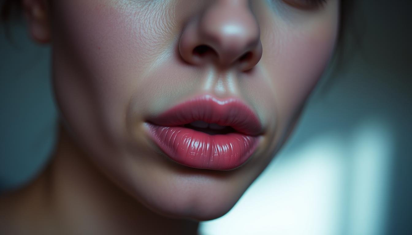 A close-up portrait of a face, featuring prominently displayed lips in the center of the frame. The lips are slightly parted, revealing the upper and lower lips in detail. The lighting is soft and diffused, creating subtle shadows and highlights that accentuate the texture and shape of the lips. The background is out of focus, creating a shallow depth of field and directing the viewer's attention solely to the expressive and insightful features of the lips. The overall mood is thoughtful, introspective, and invites the viewer to study the nuances of the subject's facial features.