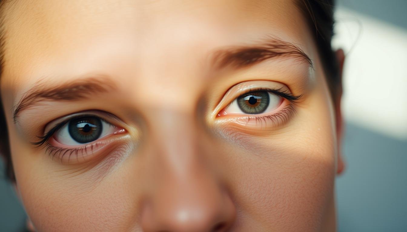 A close-up portrait of a human face, showcasing the distinctive difference in the size of the left and right eyes. The left eye appears larger and more prominent, while the right eye is slightly smaller and recessed. The face is illuminated by soft, directional lighting, creating subtle shadows and highlights that accentuate the unique ocular asymmetry. The skin tone is warm and natural, with a serene, contemplative expression on the subject's face. The composition is tight, focusing solely on the eyes and the surrounding facial features, allowing the viewer to closely examine and appreciate the intriguing contrast between the two eyes. A close-up portrait of a human face, showcasing the distinctive difference in the size of the left and right eyes. The left eye appears larger and more prominent, while the right eye is slightly smaller and recessed. The face is illuminated by soft, directional lighting, creating subtle shadows and highlights that accentuate the unique ocular asymmetry. The skin tone is warm and natural, with a serene, contemplative expression on the subject's face. The composition is tight, focusing solely on the eyes and the surrounding facial features, allowing the viewer to closely examine and appreciate the intriguing contrast between the two eyes.