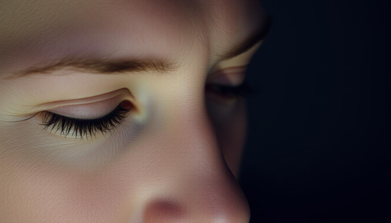 A close-up portrait of a human face, with a focus on the eye area. The eyes are slightly downturned, creating a softer, more introspective gaze. The eyelids are slightly hooded, suggesting a gentle, thoughtful expression. The lighting is soft and diffused, creating subtle shadows that accentuate the natural contours of the face. The background is blurred and indistinct, allowing the viewer to concentrate on the expressive details of the eyes and their surrounding features. The overall mood is one of contemplation and quiet introspection.