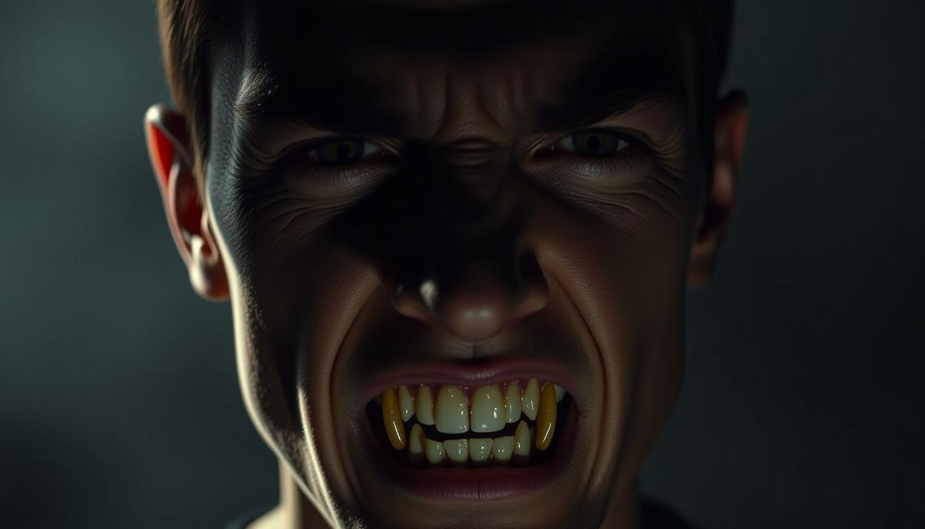 A close-up portrait of a human face with distinct canine teeth, or "tiger teeth," and a slightly sunken, haunting expression. The eyes are slightly hooded, and the brow is furrowed, conveying a sense of otherworldly intensity. The lighting is dramatic, casting deep shadows on one side of the face, creating a chiaroscuro effect. The background is a muted, atmospheric backdrop, allowing the unusual dental features to take center stage. The overall mood is one of mystique and a touch of the supernatural, capturing the essence of the "tiger tooth" and "ghost tooth" facial characteristics.