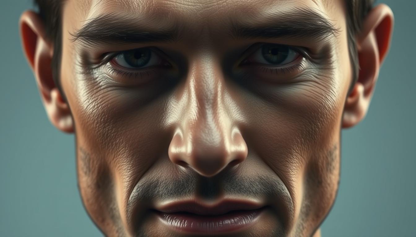 A close-up portrait of a male face, meticulously detailed, with an emphasis on the eyebrows and facial features. The lighting is soft and directional, creating subtle shadows and highlights that enhance the contours of the face. The angle is slightly elevated, providing a three-quarter view that captures the intricate interplay of the ears, forehead, eyes, nose, cheekbones, philtrum, lips, and teeth. The overall mood is one of contemplation and analysis, inviting the viewer to study the nuances of the subject's facial structure and expression.