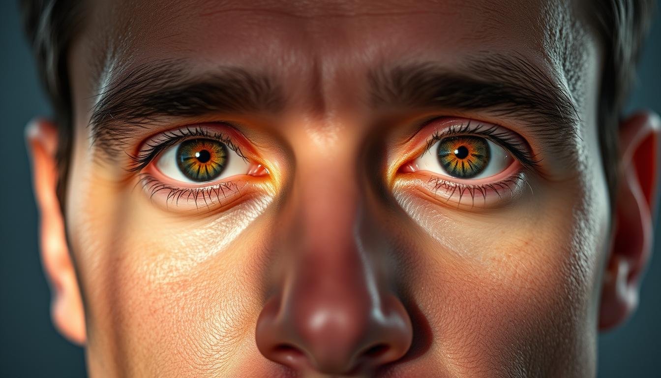 A close-up portrait of a man's face, featuring a detailed analysis of his eyes. The lighting is soft and flattering, casting subtle shadows to highlight the natural contours and features. The eyes are the focal point, capturing a keen, insightful gaze that conveys a sense of intelligence and wisdom. The iris is clear and vibrant, with distinct patterns and colors that suggest a harmonious balance. The whites of the eyes are bright and healthy, complemented by well-defined brows and lashes. The overall expression is calm, serene, and exudes an aura of confidence and trustworthiness, exemplifying the characteristics of a high-quality facial physiognomy.