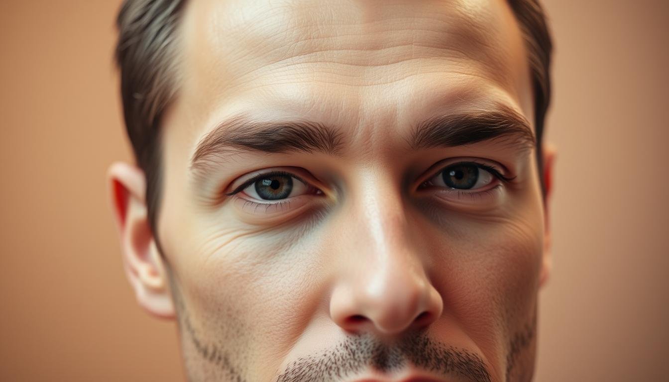 A close-up portrait of a man's face, featuring his well-groomed eyebrows. The lighting is soft and diffuse, creating a warm, inviting atmosphere. The eyebrows are the focal point, meticulously sculpted and shaped, with a natural, feathered texture. The skin is smooth and blemish-free, and the man's gaze is direct and confident. The background is blurred, emphasizing the detailed attention paid to the eyebrows. The overall impression is one of grooming expertise, with a subtle hint of masculine sophistication.